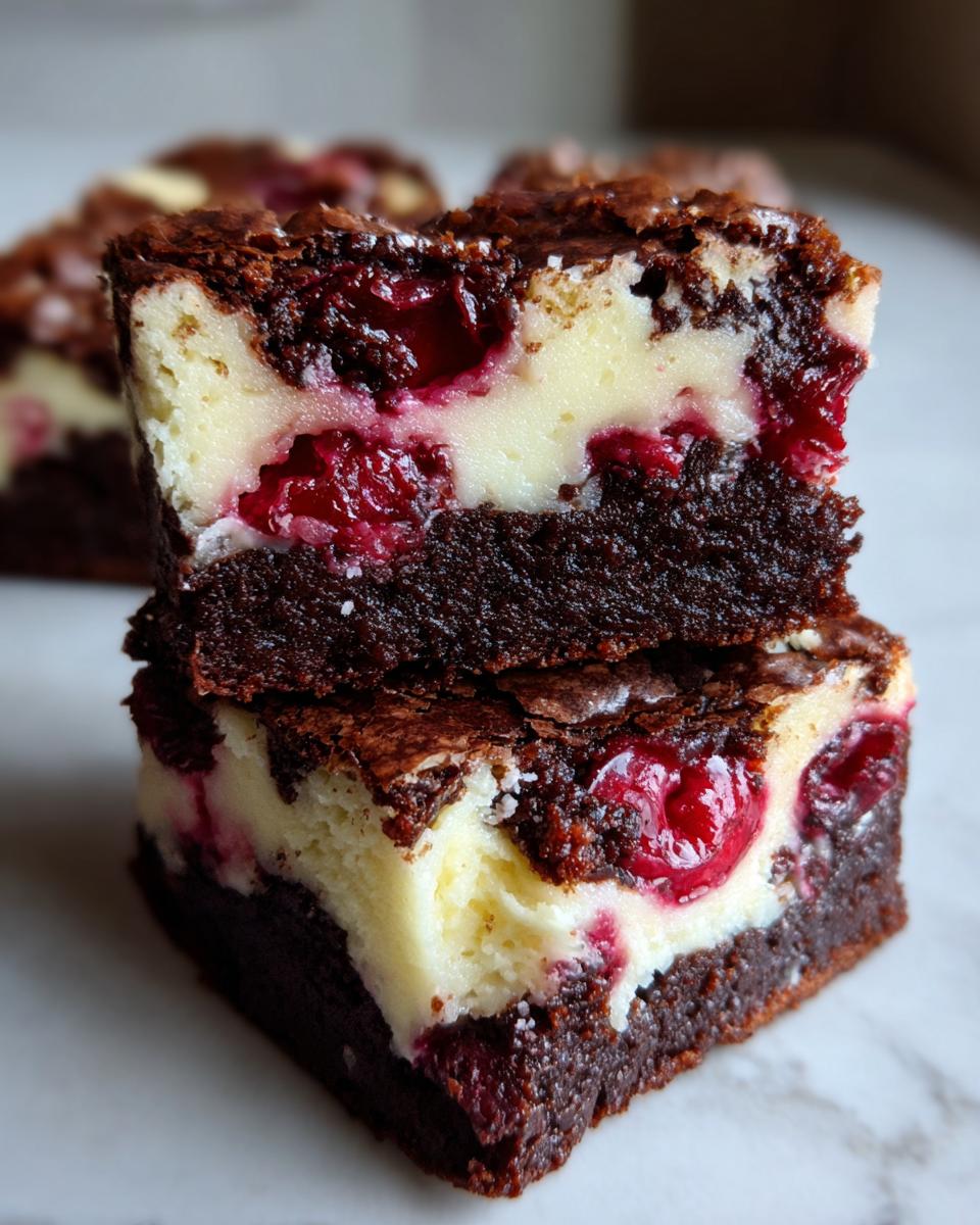 Zwei gestapelte Stücke Schoko-Kirsch-Cheesecake-Brownies mit dunklem Boden, cremiger Füllung und saftigen Kirschen.