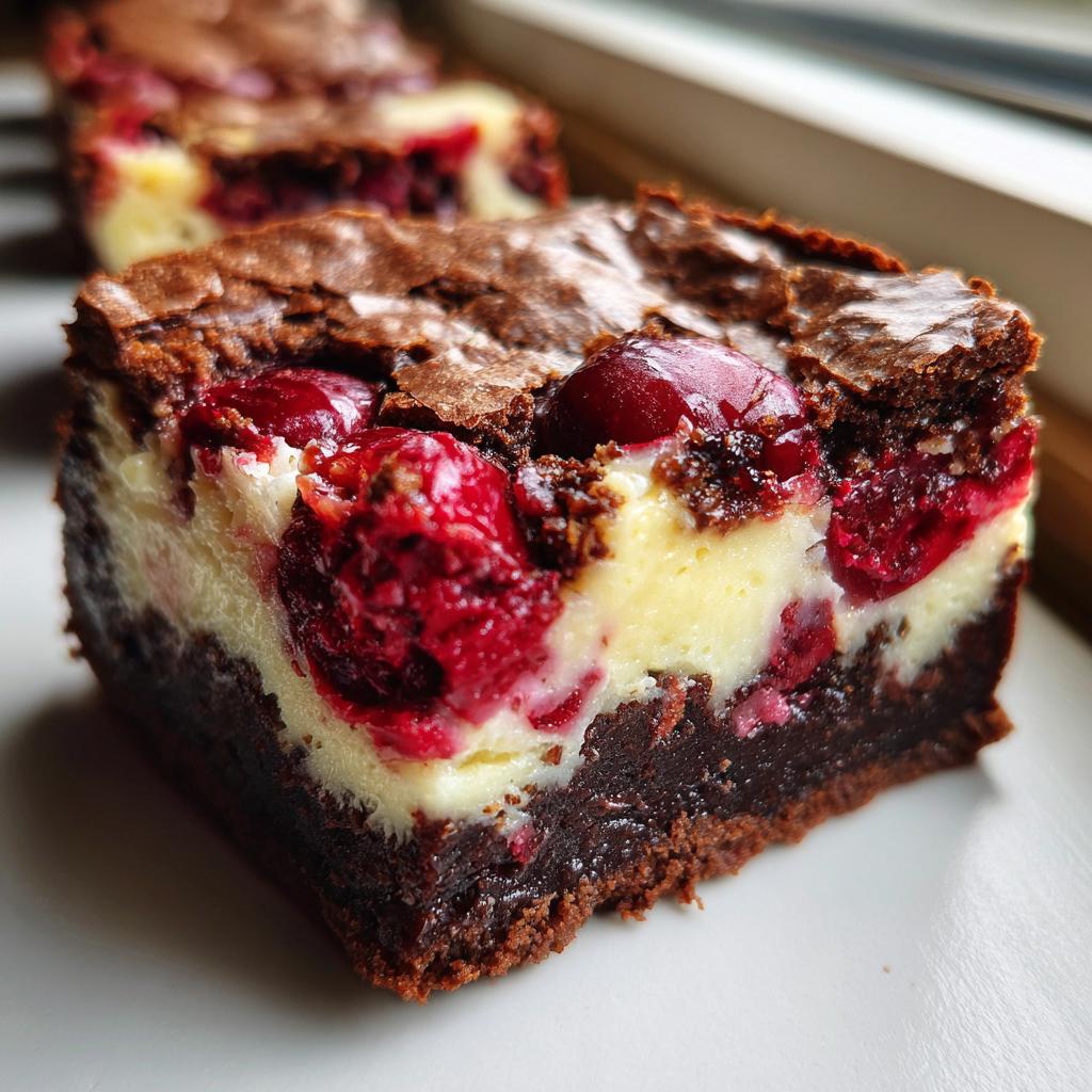 Nahaufnahme eines Schoko-Kirsch-Cheesecake-Brownies mit dunklem Boden, cremiger Käseschicht und roten Kirschen.