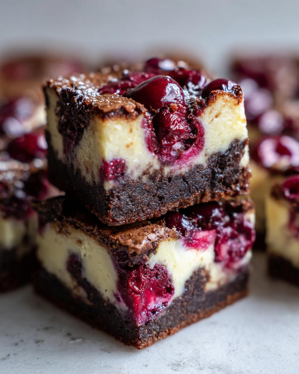 Zwei gestapelte Schoko-Kirsch-Cheesecake-Brownies mit saftigen Kirschen und Puderzucker.