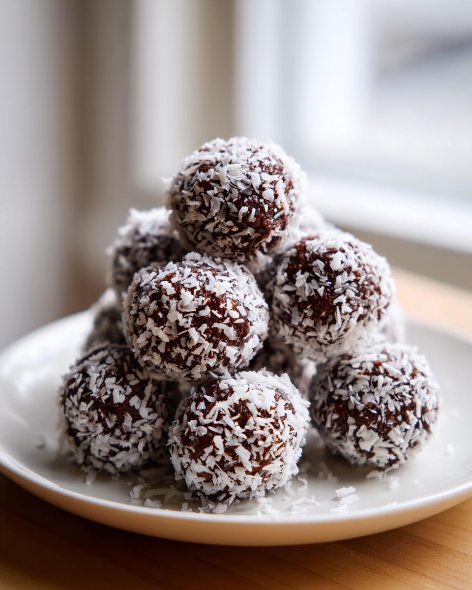 Ein Haufen saftiger Schoko-Kokos-Trüffel ohne Backen, üppig in Kokosraspeln gewälzt, auf einem weißen Teller.