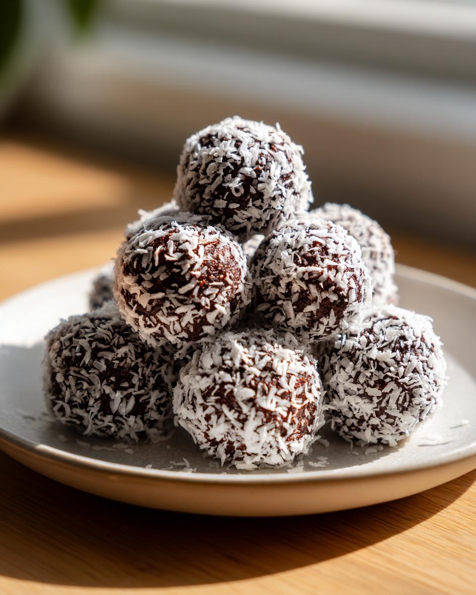 Ein Haufen selbstgemachter Schoko-Kokos-Trüffel ohne Backen, dick in Kokosraspeln gewälzt, auf einem hellen Teller.