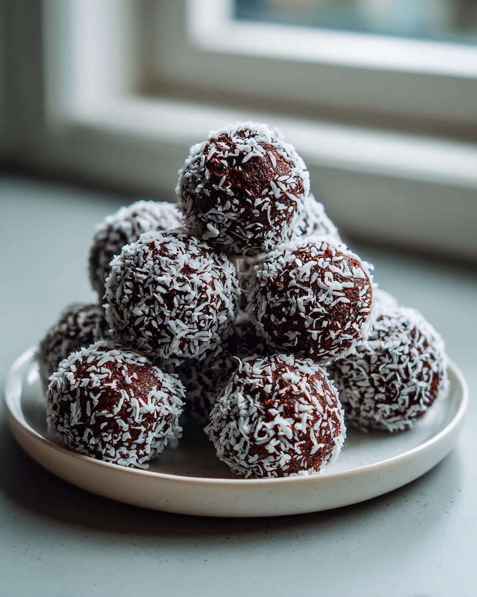 Ein Haufen selbstgemachter Schoko-Kokos-Trüffel ohne Backen, dick in Kokosraspeln gewälzt, auf einem hellen Teller.