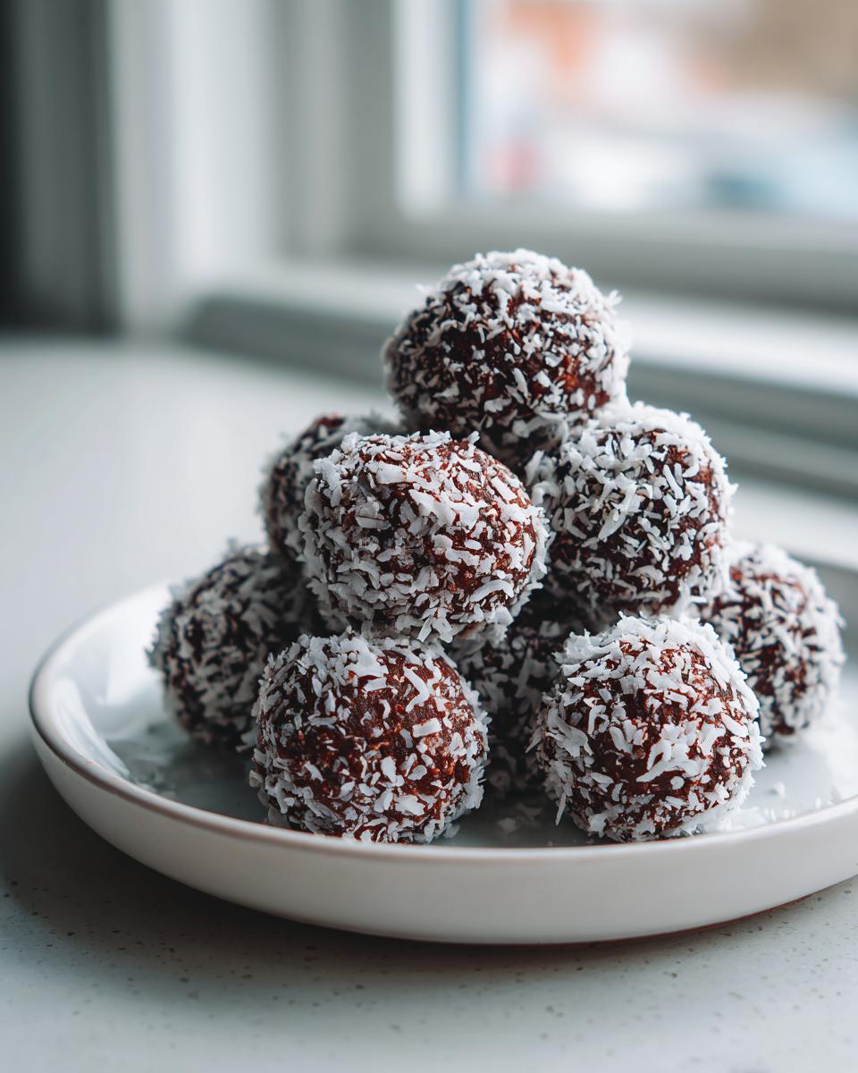 Ein Haufen saftiger Schoko-Kokos-Trüffel ohne Backen, überzogen mit feinen Kokosraspeln, auf einem hellen Teller.