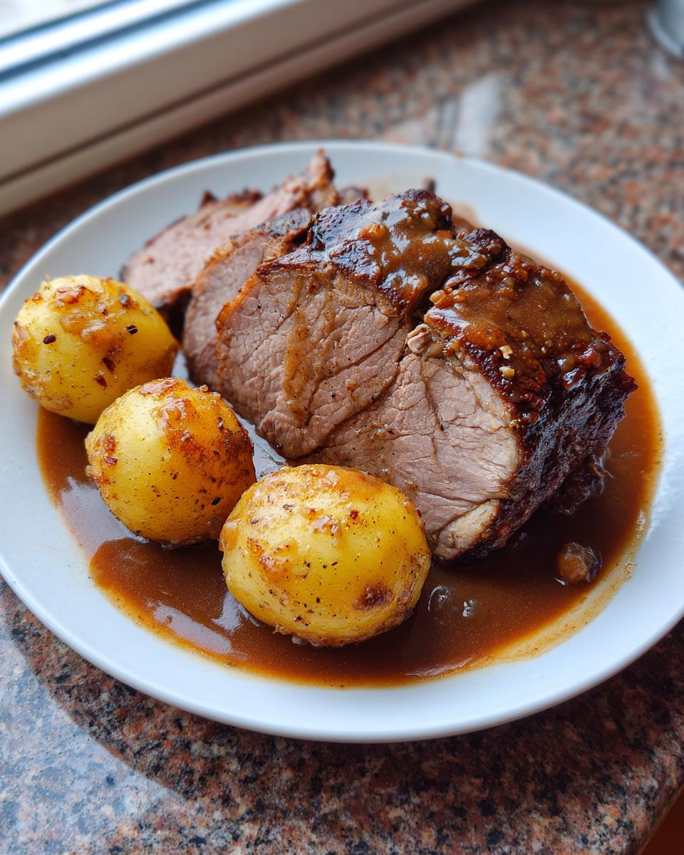 Saftige Scheiben Schweinebraten mit Knödeln und dunkler Soße auf einem weißen Teller.