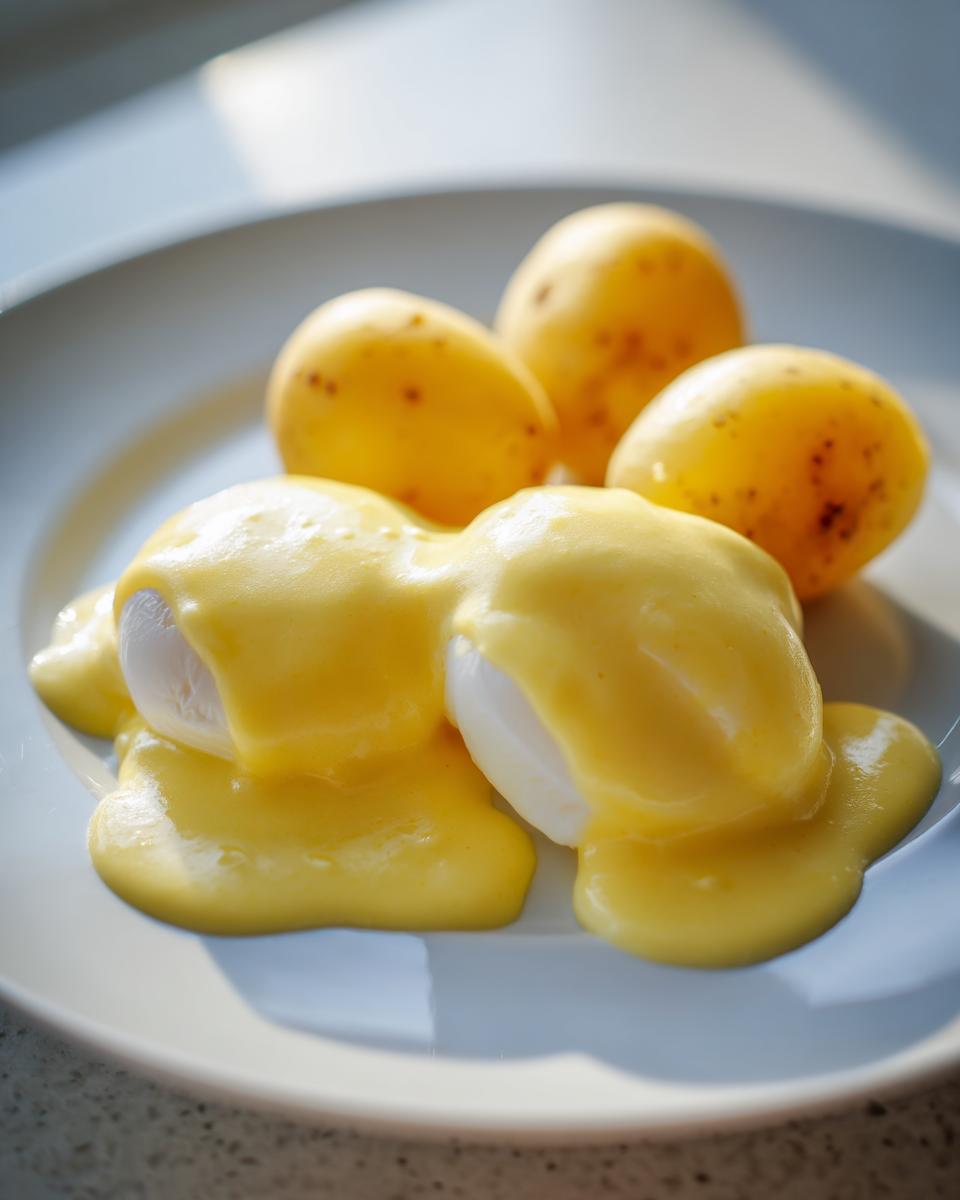 Zwei pochierte Eier übergossen mit cremiger Senfsoße, serviert mit Salzkartoffeln: klassische Senfeier mit Kartoffeln.