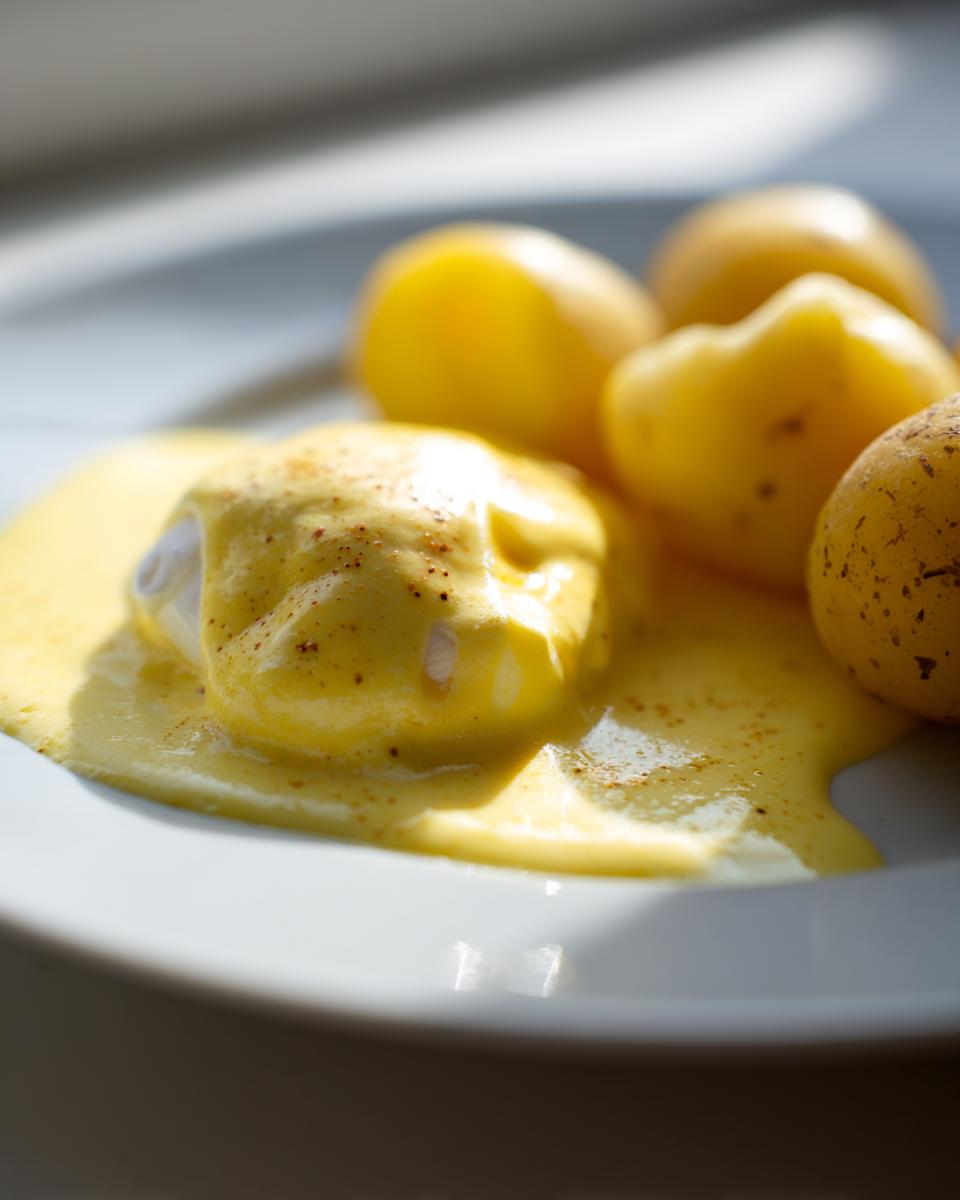 Nahaufnahme eines pochierten Eis mit cremiger Senfsauce und Pellkartoffeln – klassische Senfeier mit Kartoffeln.