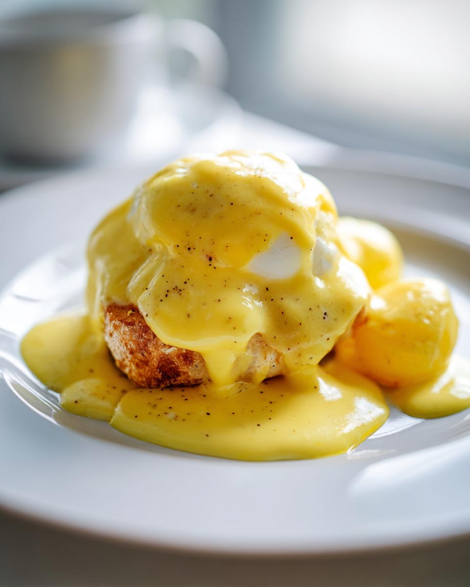 Nahaufnahme von pochiertem Ei mit reichlich gelber Senfsauce, serviert zu Senfeier mit Kartoffeln.