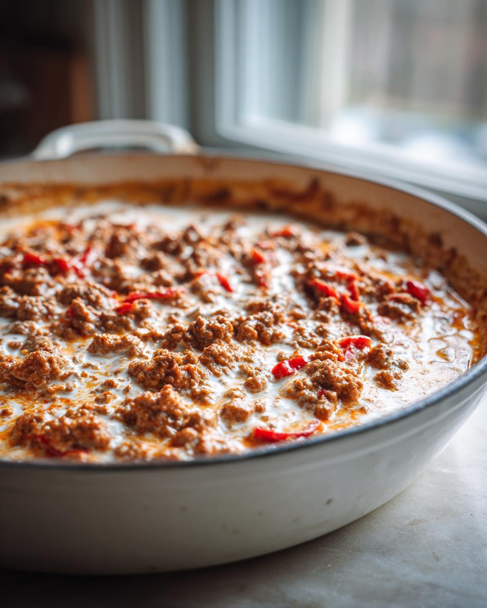 Nahaufnahme der Serbische Hackfleischpfanne mit Sahne, mit viel Hackfleisch und roten Paprikastreifen in cremiger Sauce.