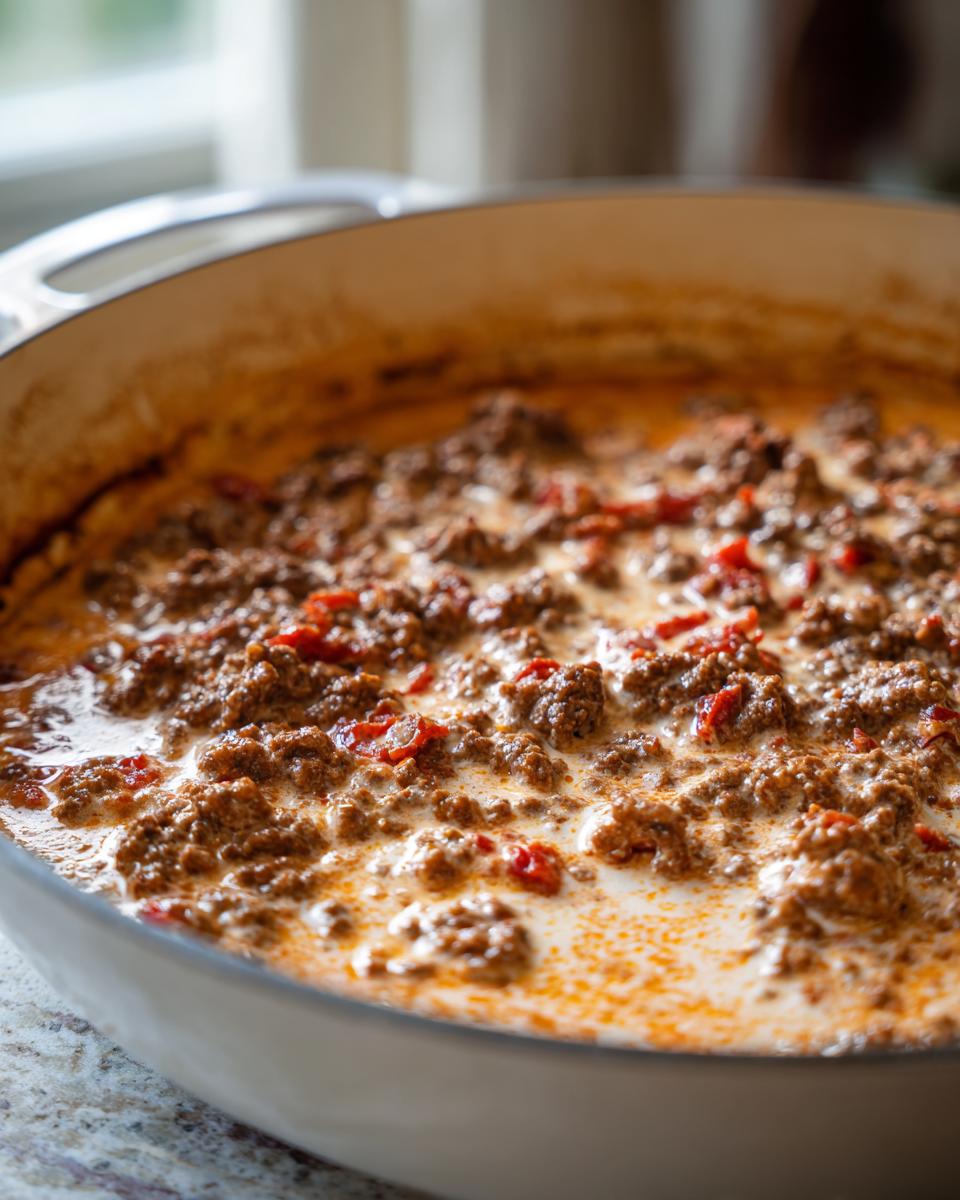 Nahaufnahme der Serbische Hackfleischpfanne mit Sahne, die in einem weißen Topf köchelt.