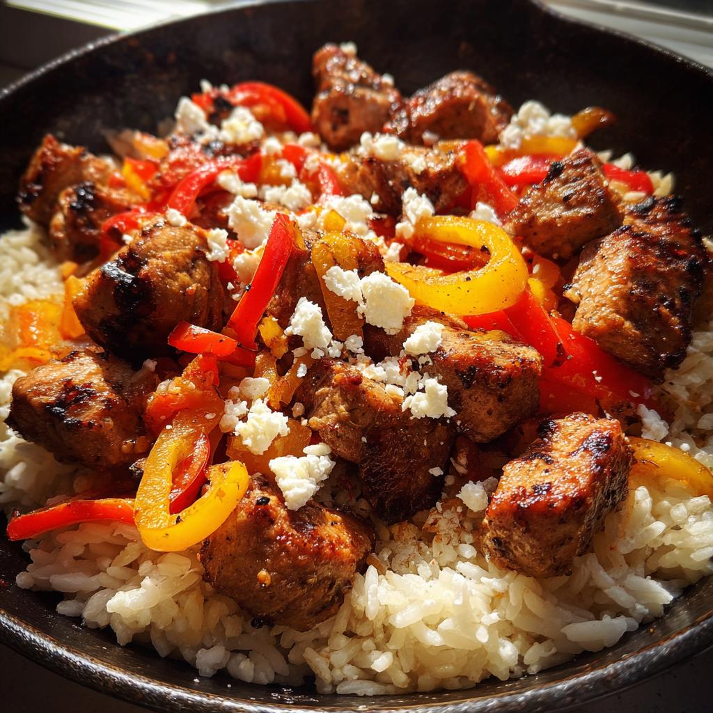 Nahaufnahme einer fertigen Souvlaki-Pfanne mit Reis, gewürzten Fleischstücken, Paprika und zerbröseltem Feta.
