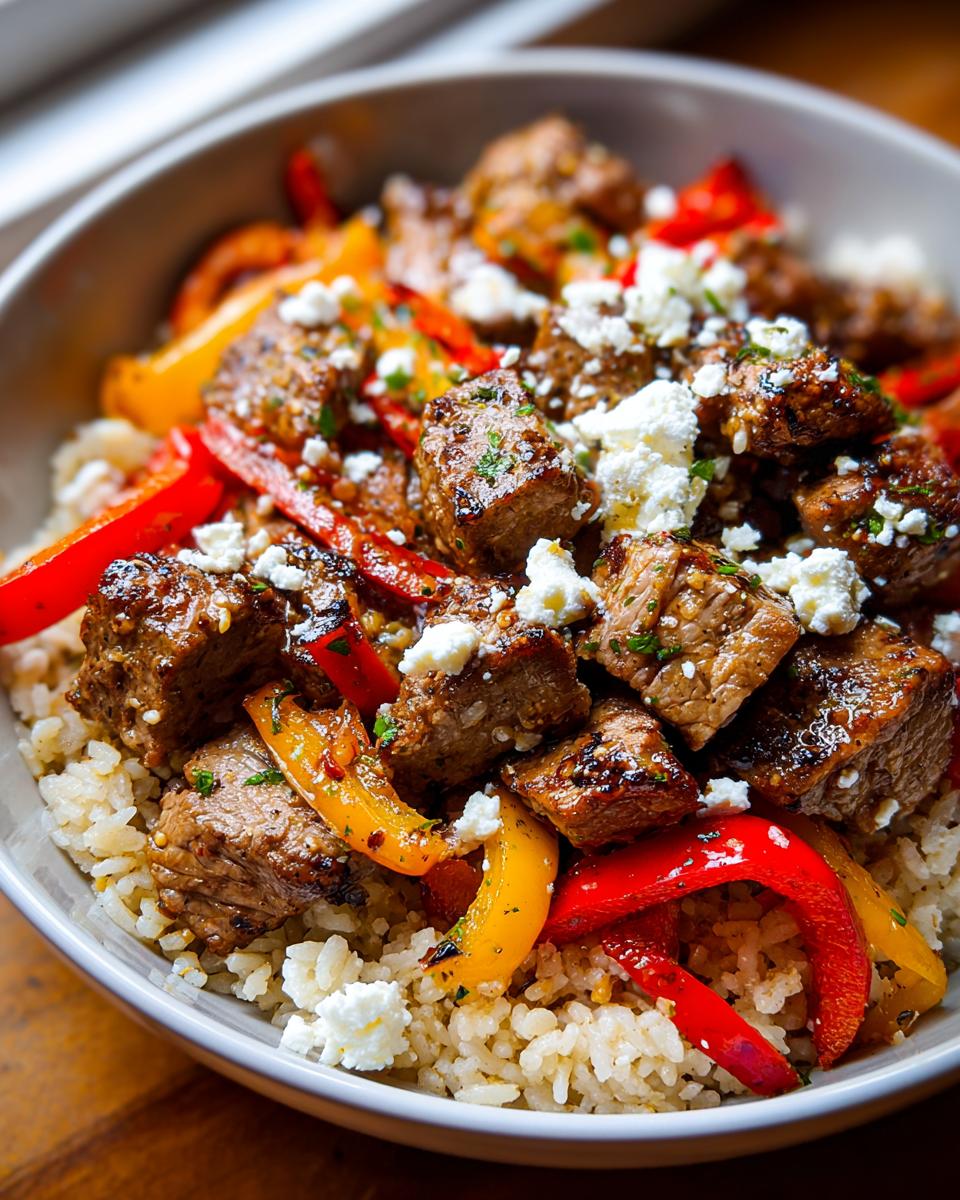 Nahaufnahme einer köstlichen Souvlaki-Pfanne mit Reis, marinierten Fleischstücken, Paprika und zerbröseltem Feta.