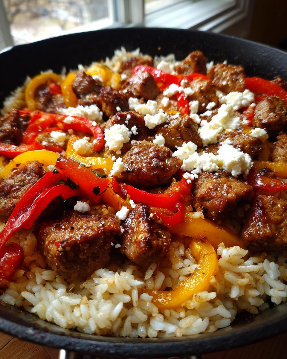Nahaufnahme einer fertigen Souvlaki-Pfanne mit Reis, gewürzten Fleischstücken, Paprika und zerbröseltem Feta.