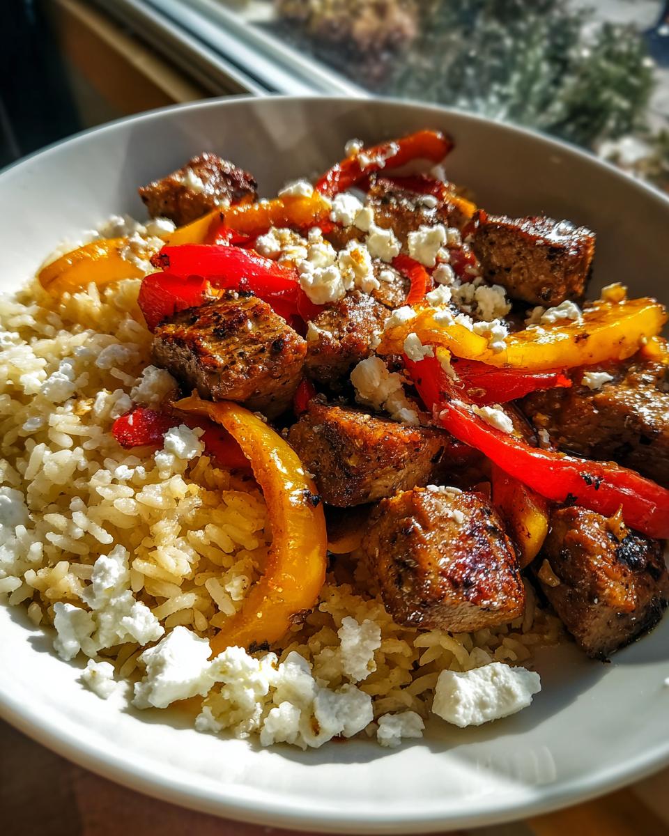 Nahaufnahme einer Souvlaki-Pfanne mit Reis, mariniertem Fleisch, bunten Paprikastreifen und zerbröseltem Feta.