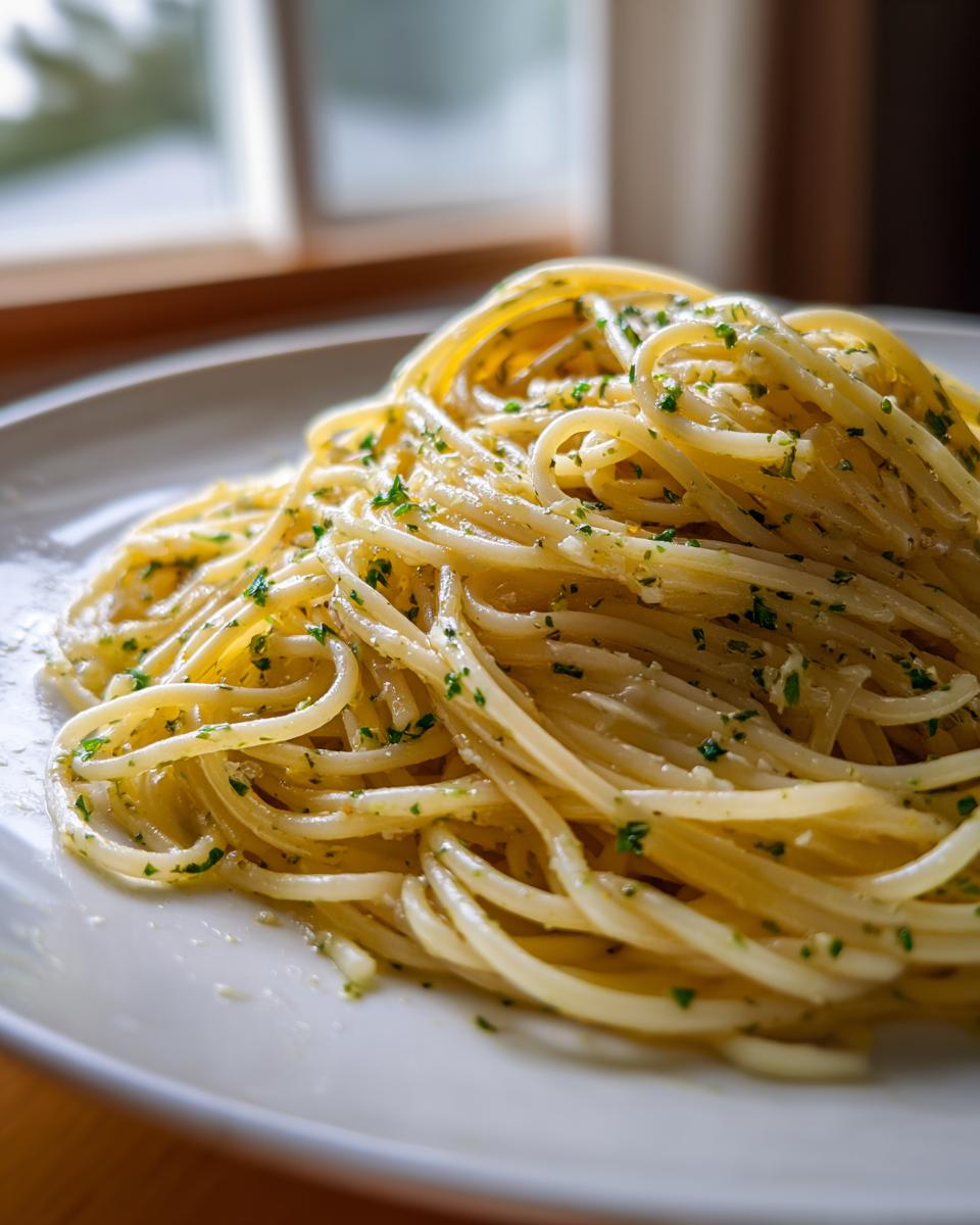 Nahaufnahme von perfekt al dente gekochten Spaghetti mit Butter und Kräutersalz auf einem weißen Teller.