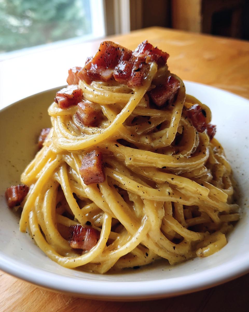 Nahaufnahme von cremigem Spaghetti Carbonara klassisch mit knusprigen Speckwürfeln.