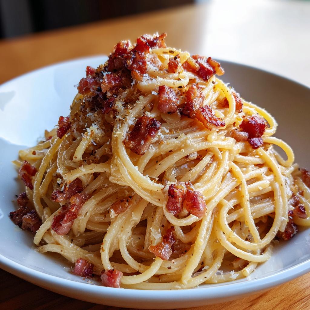 Nahaufnahme von cremigen Spaghetti Carbonara klassisch, reichlich belegt mit knusprigem Speck und Parmesan.