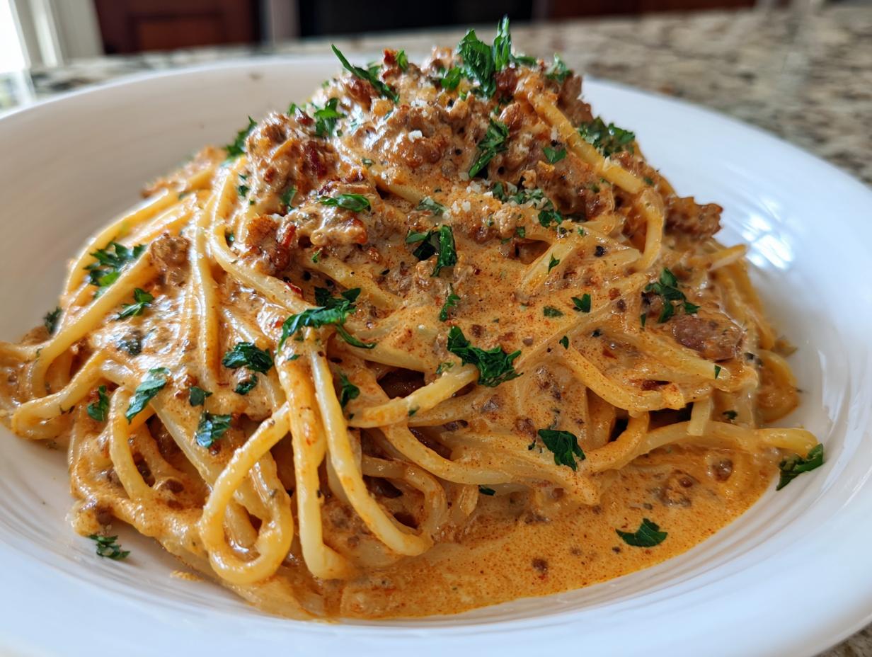 Nahaufnahme von cremigen Spaghetti mit Hackfleisch-Sahnesauce, garniert mit frischer Petersilie.