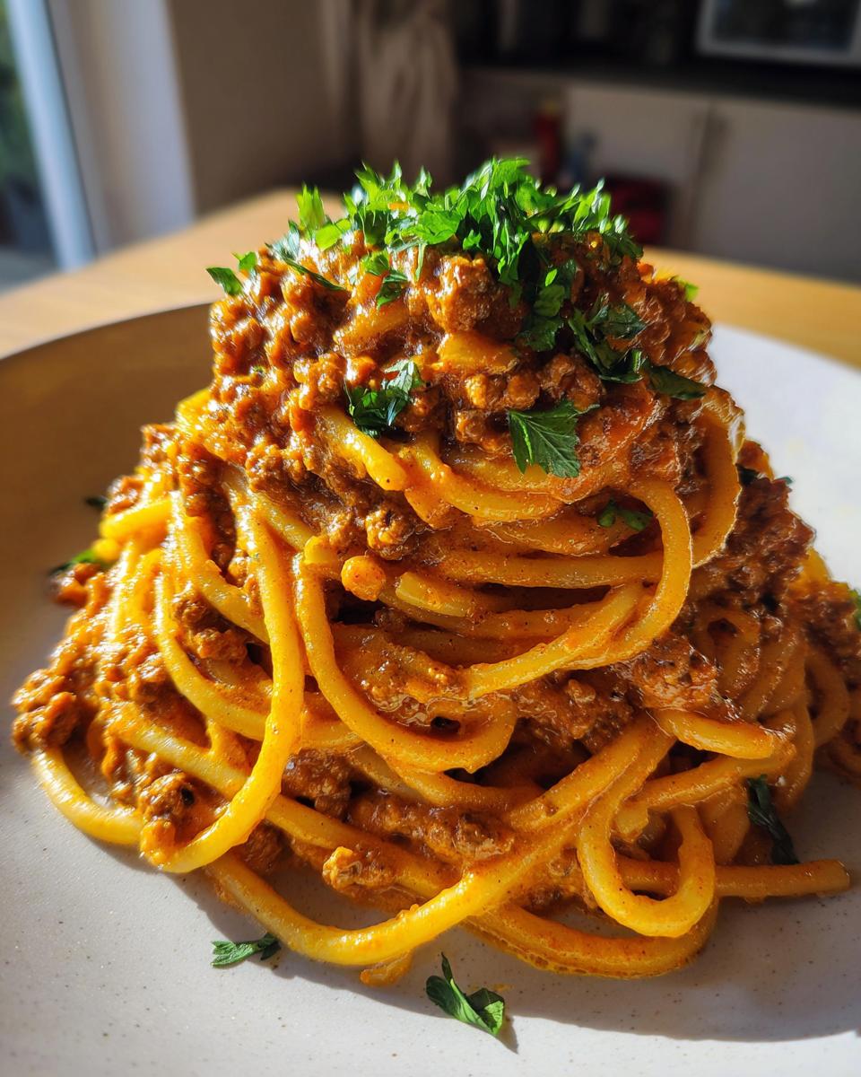 Ein Teller mit appetitlichen Spaghetti mit Hackfleisch-Sahnesauce, reichlich garniert mit frischer Petersilie.