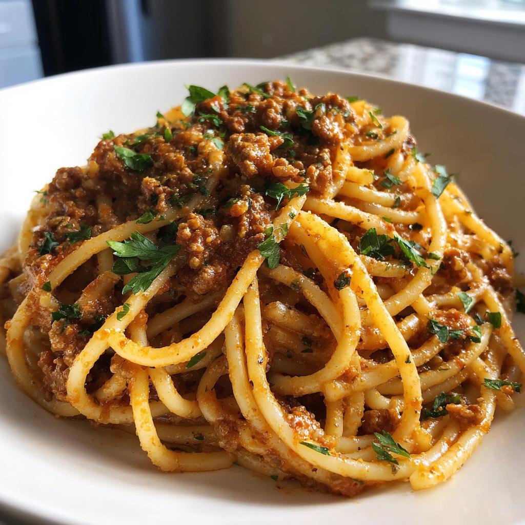 Nahaufnahme von cremigen Spaghetti mit Hackfleisch-Sahnesauce, garniert mit frischer Petersilie.