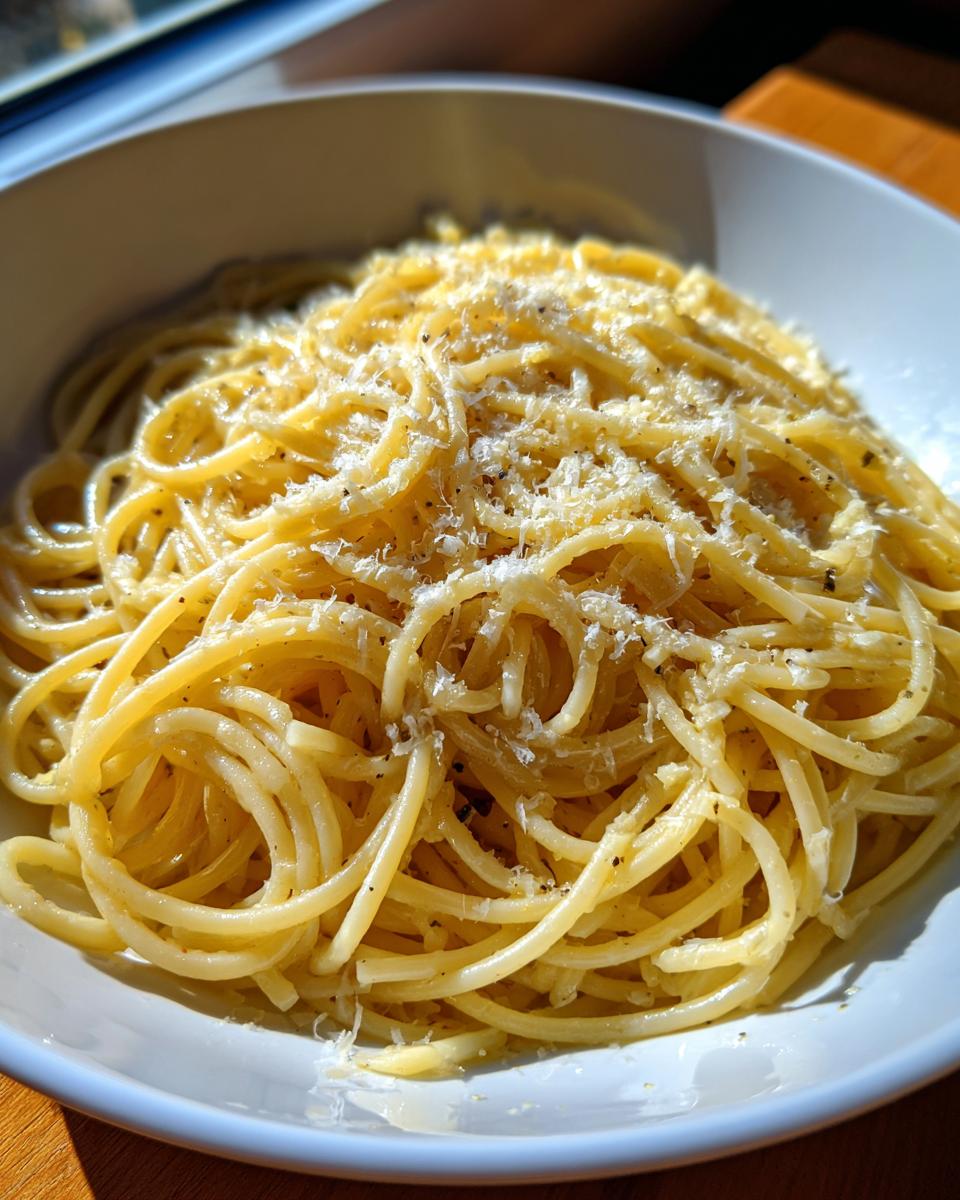 Nahaufnahme von Spaghetti mit Knoblauchöl und reichlich frisch geriebenem Parmesan.
