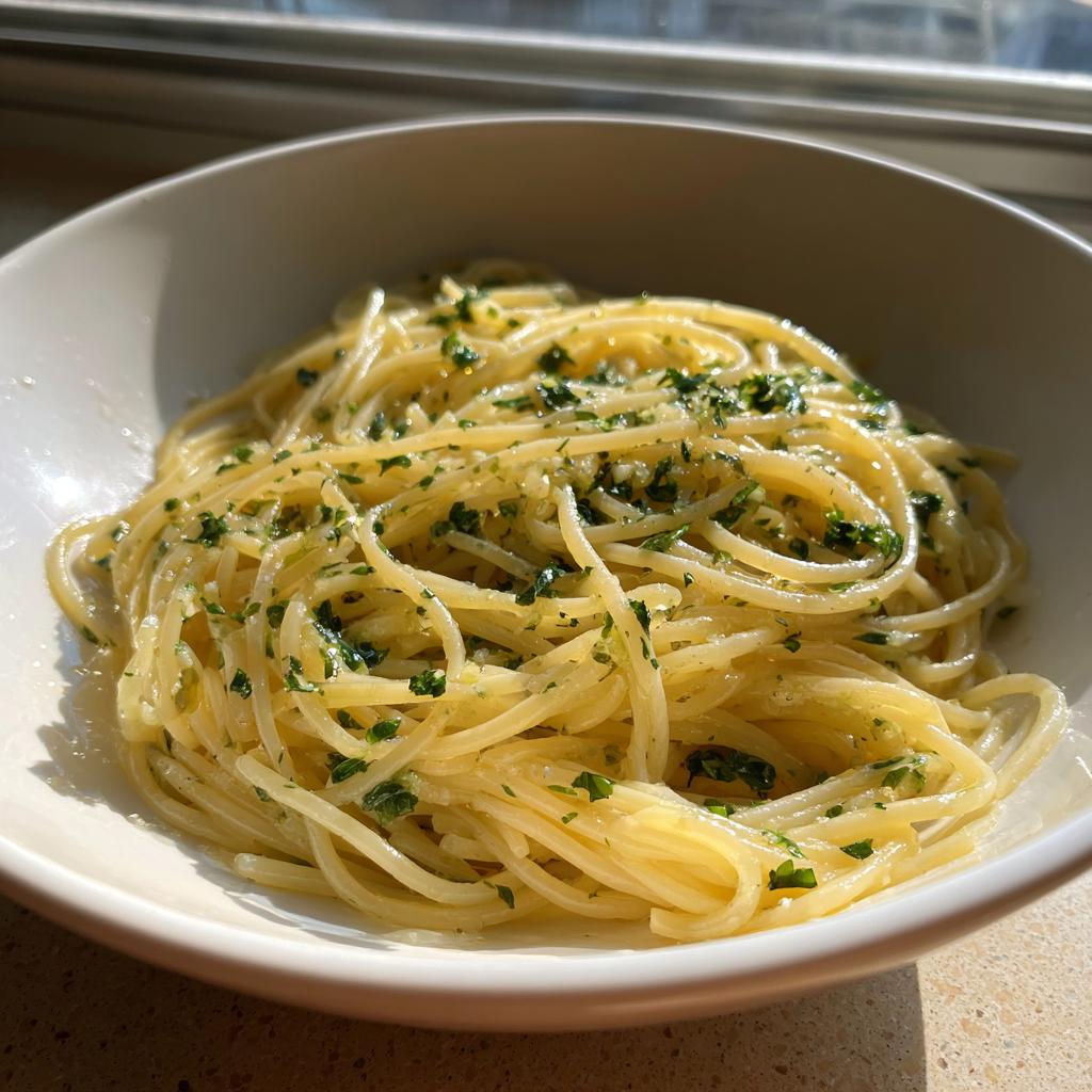 Nahaufnahme von Spaghetti mit Butter und Kräutersalz in einer weißen Schüssel, appetitlich glänzend.