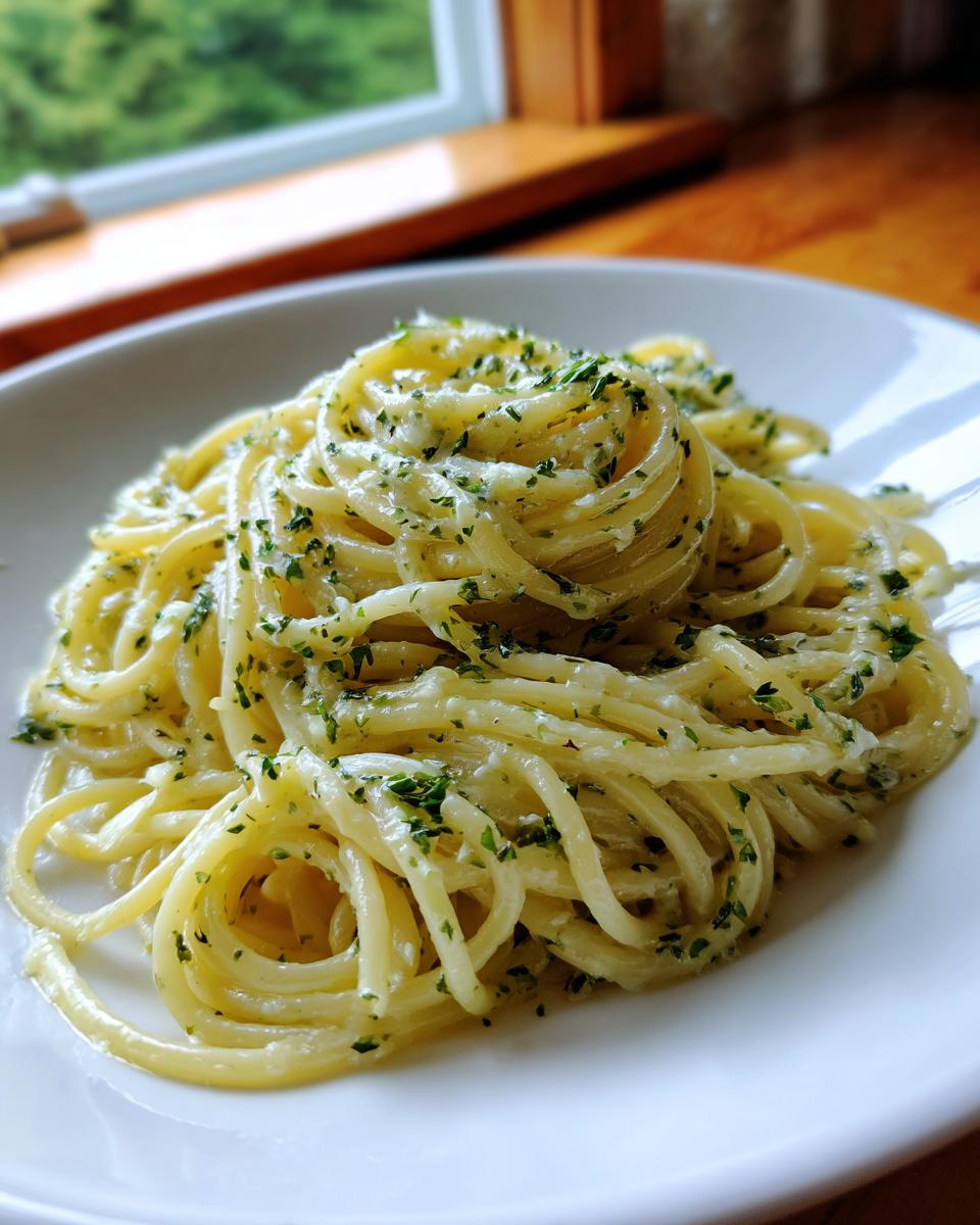 Nahaufnahme von perfekt angerichteten Spaghetti mit Kräuterbutter und frischer Petersilie auf einem weißen Teller.