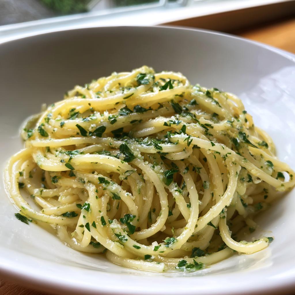Nahaufnahme von perfekt al dente gekochten Spaghetti mit leuchtend grüner Kräuterbutter und Petersilie.