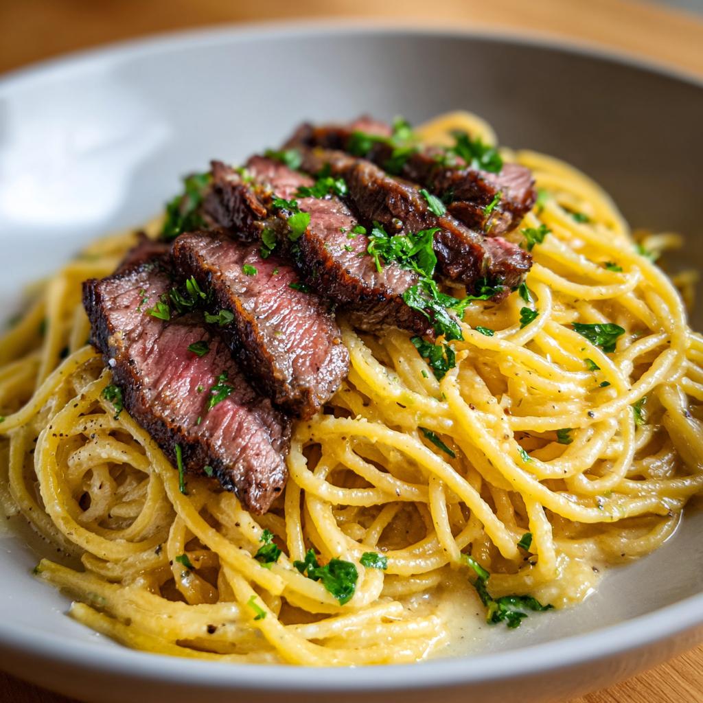 Teller mit cremigen Spaghetti, belegt mit saftigen Scheiben Steak und frischer Petersilie.