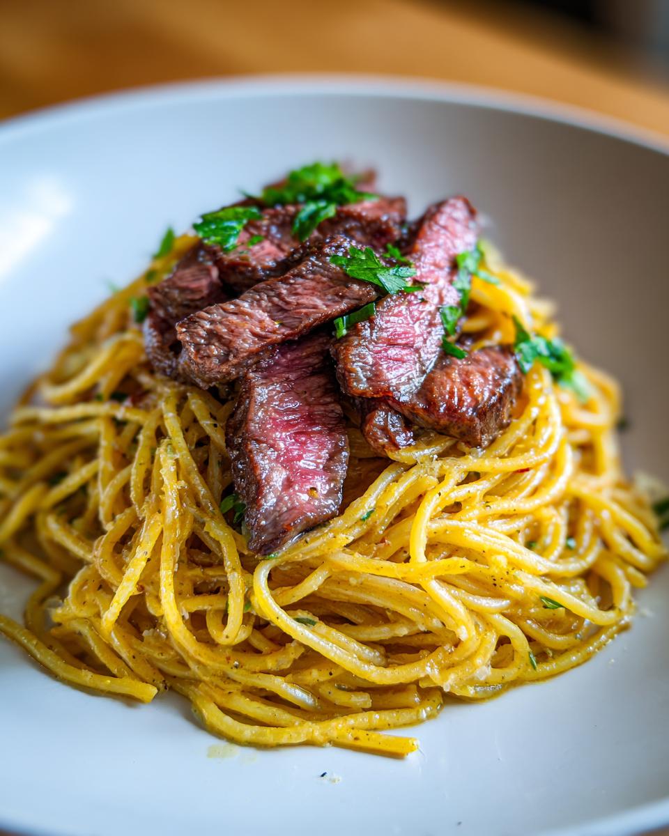 Teller mit Spaghetti, bedeckt mit saftigen Scheiben Steak und Petersilie – Spaghetti mit Steak und Zitronen-Parmesan-Creme.
