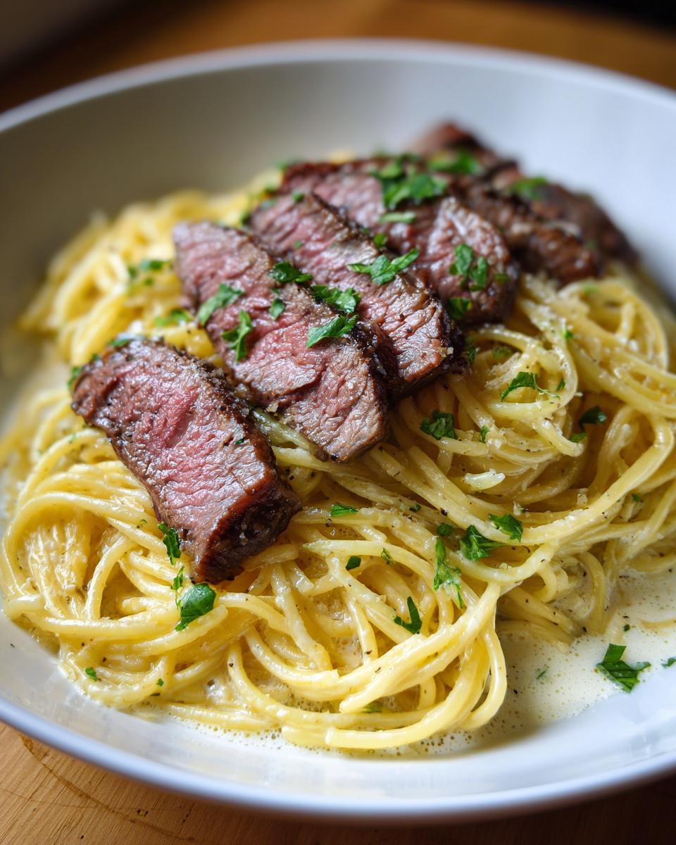 Nahaufnahme von Spaghetti mit Steakstreifen und cremiger Zitronen-Parmesan-Sauce, garniert mit Petersilie.