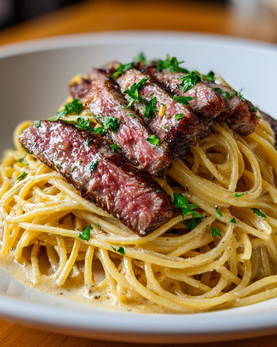 Nahaufnahme von Spaghetti mit Steakstreifen und cremiger Zitronen-Parmesan-Sauce.
