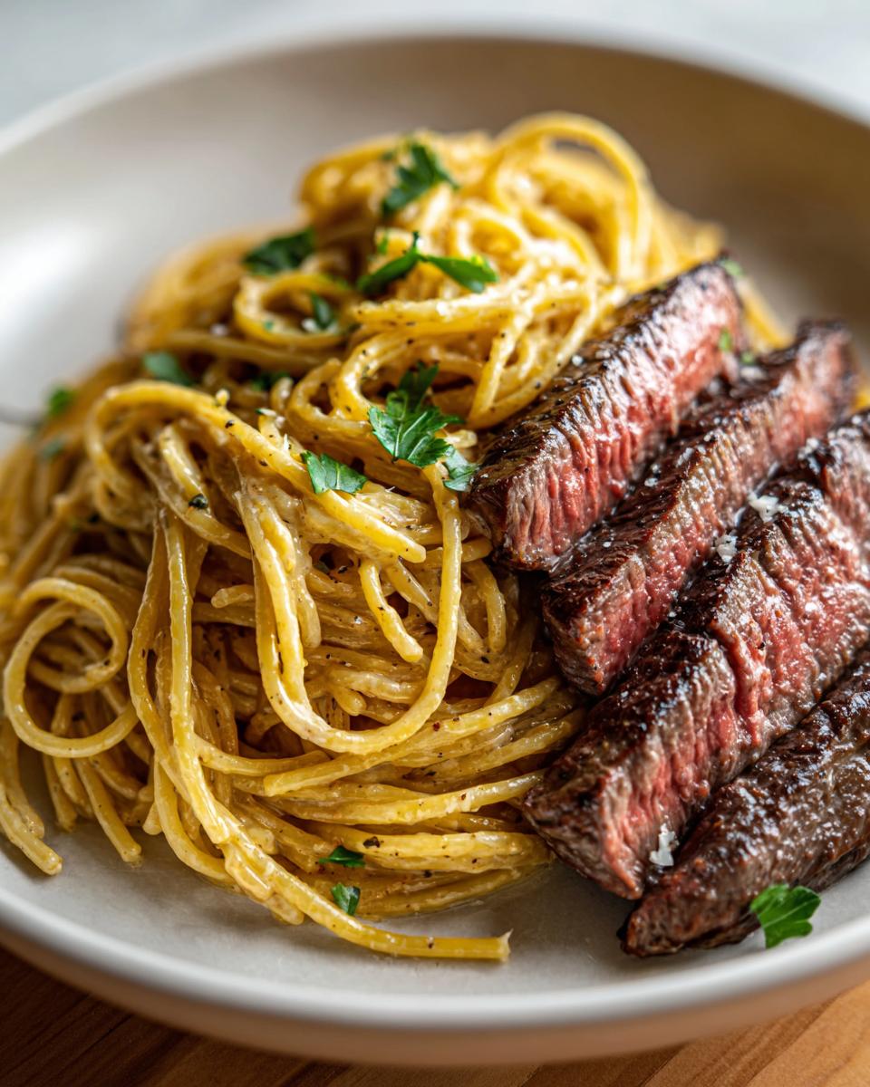 Teller mit cremigen Spaghetti und perfekt gebratenem, in Scheiben geschnittenem Steak, garniert mit Petersilie.