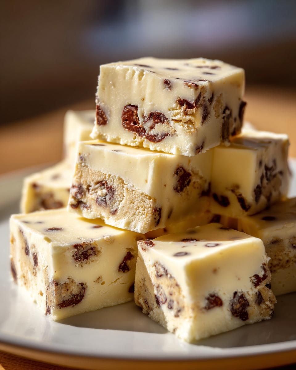 Nahaufnahme von gestapelten Stücken Cookie-Dough-Fudge mit Schokoladenstückchen auf einem weißen Teller.