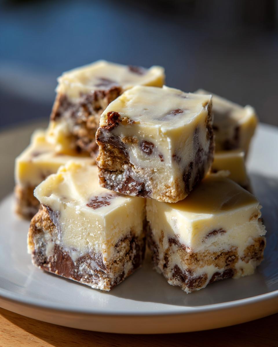 Ein Stapel cremiger Stücke Cookie-Dough-Fudge mit Schokostückchen auf einem hellen Teller.