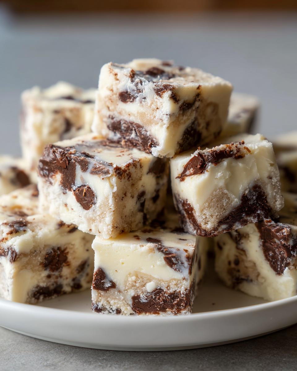 Ein Stapel cremiger, weißer Stücke Cookie-Dough-Fudge, vollgepackt mit dunklen Schokoladenstückchen, auf einem weißen Teller.