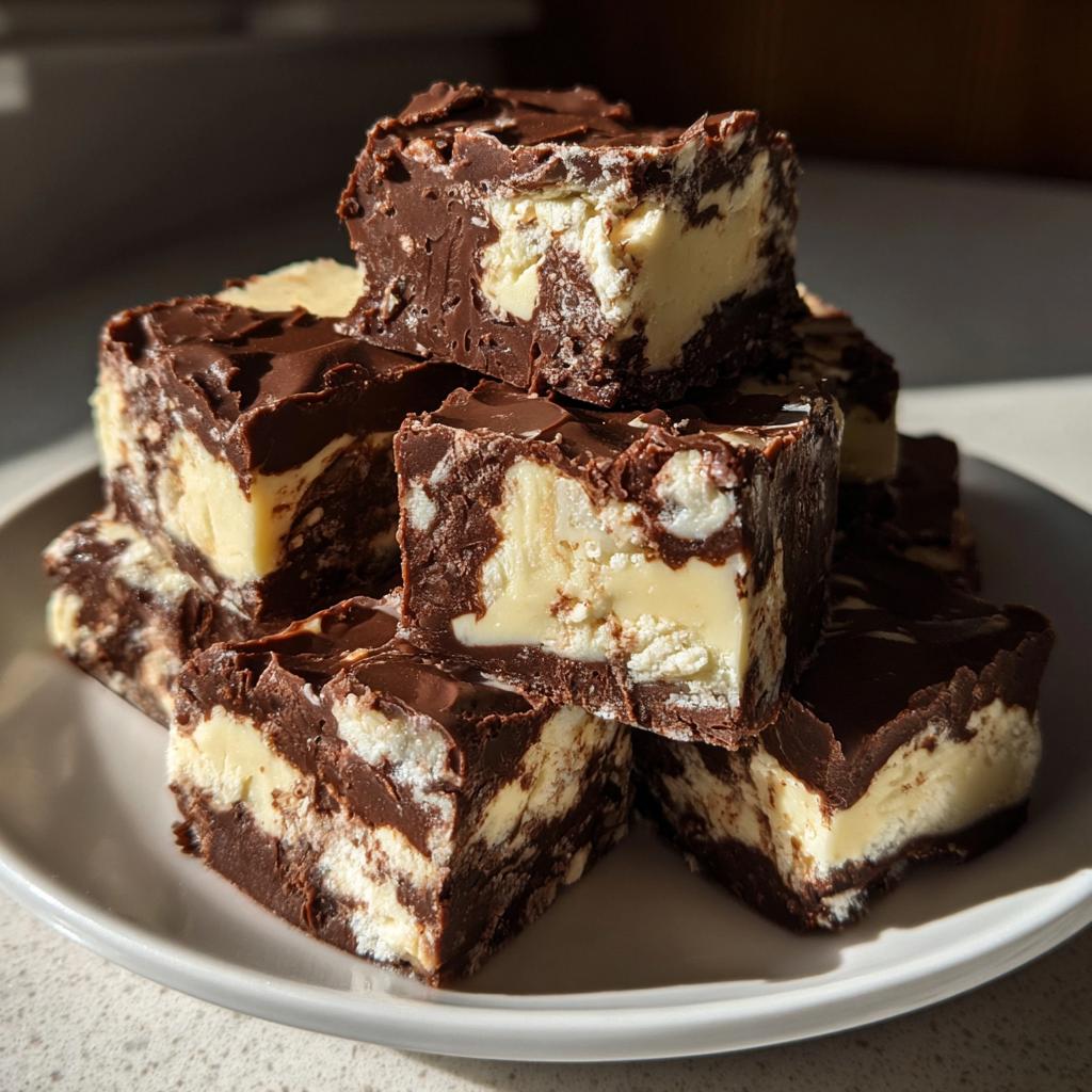 Ein Stapel von selbstgemachtem Cookie-Dough-Fudge mit dunkler Schokolade und heller Vanillefüllung, appetitlich angerichtet.