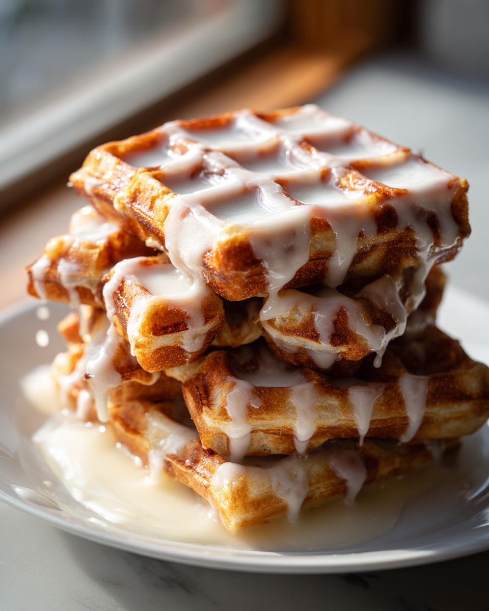 Ein Stapel goldbrauner Croissant-Waffeln, üppig übergossen mit dicker Vanilleglasur.