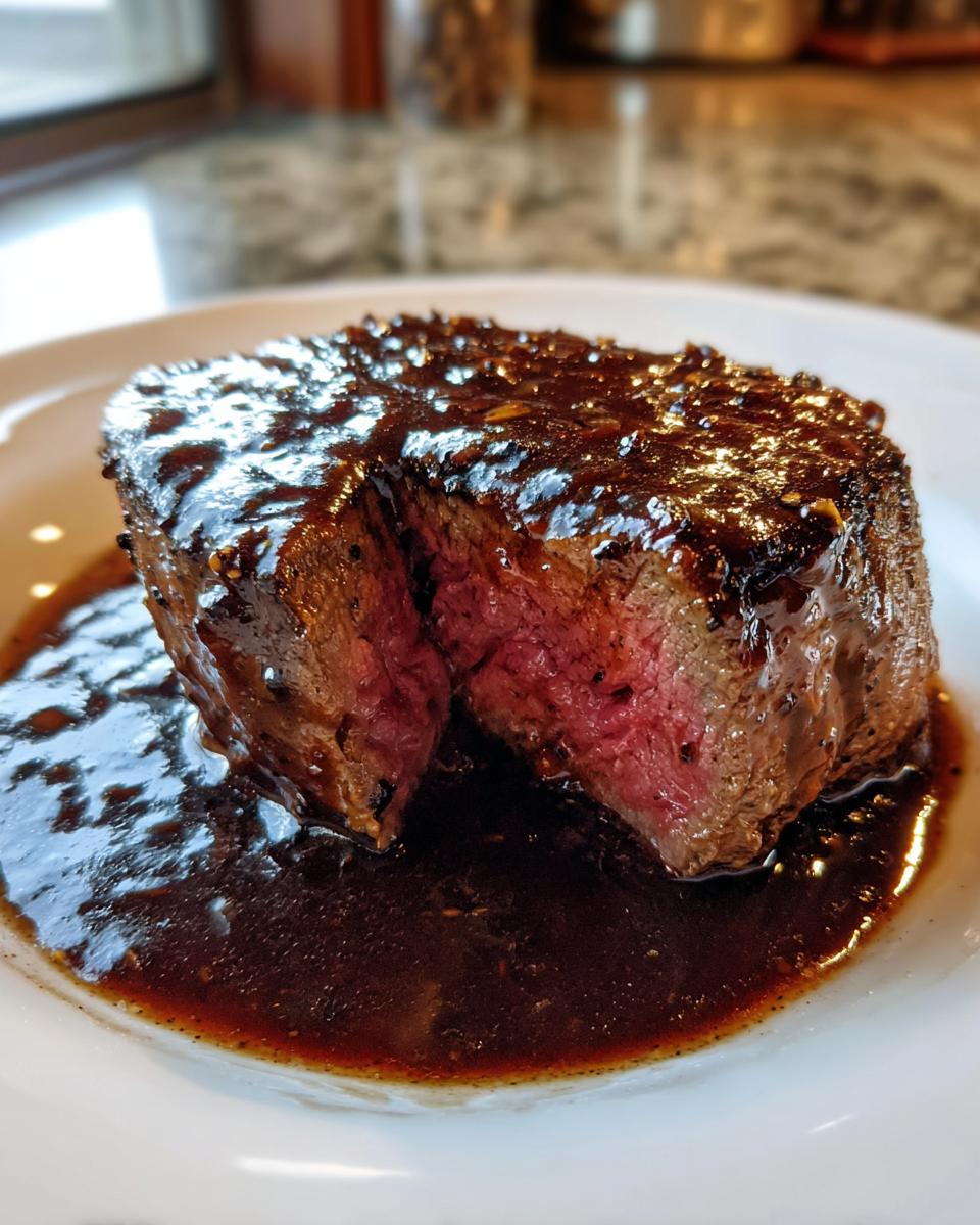 Aufgeschnittenes Steak in Balsamico-Sahnesauce, innen wunderschön rosa gebraten.