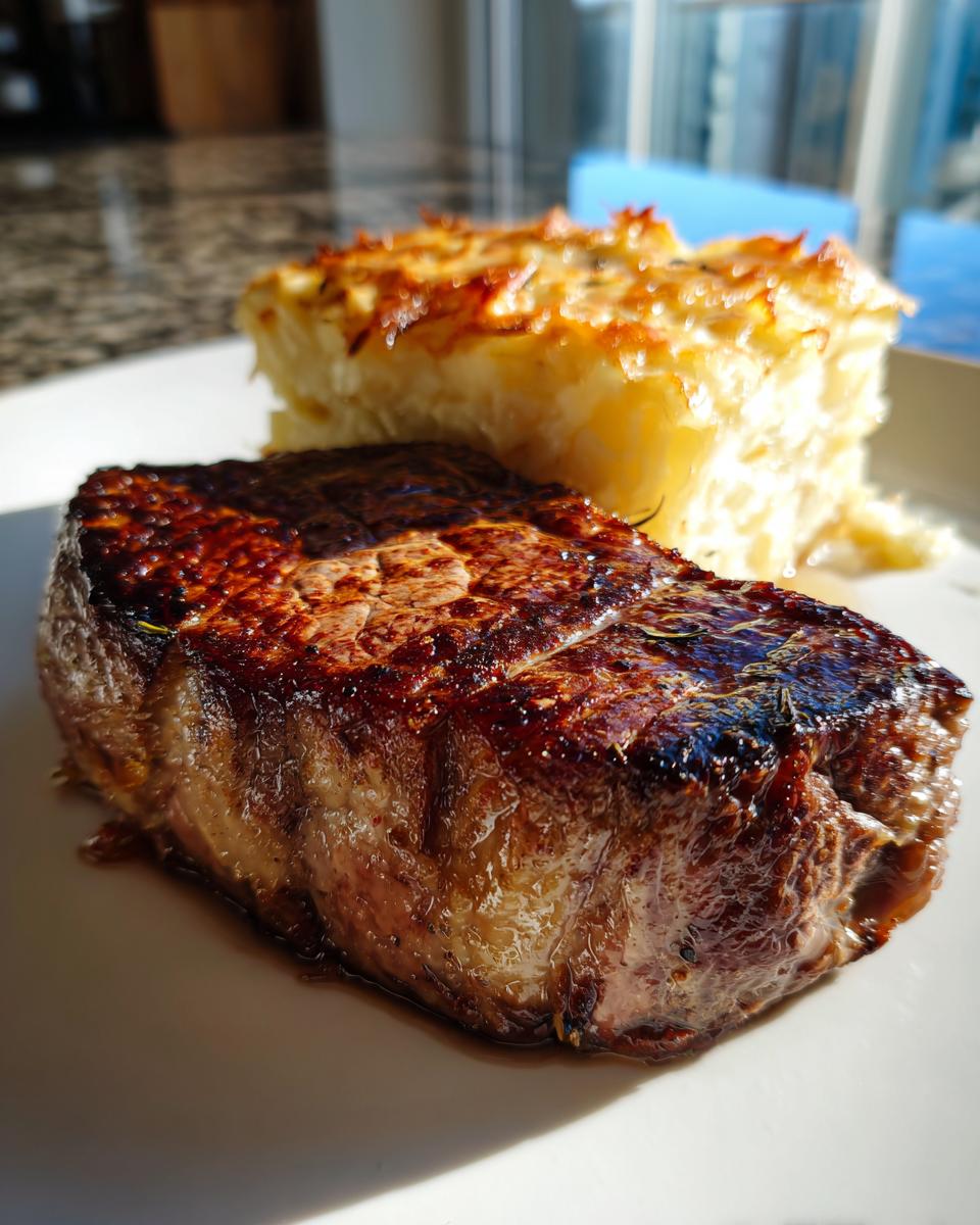 Perfekt gebratenes Steak neben einem Stück Steak mit cremigem Kartoffelgratin auf einem weißen Teller.