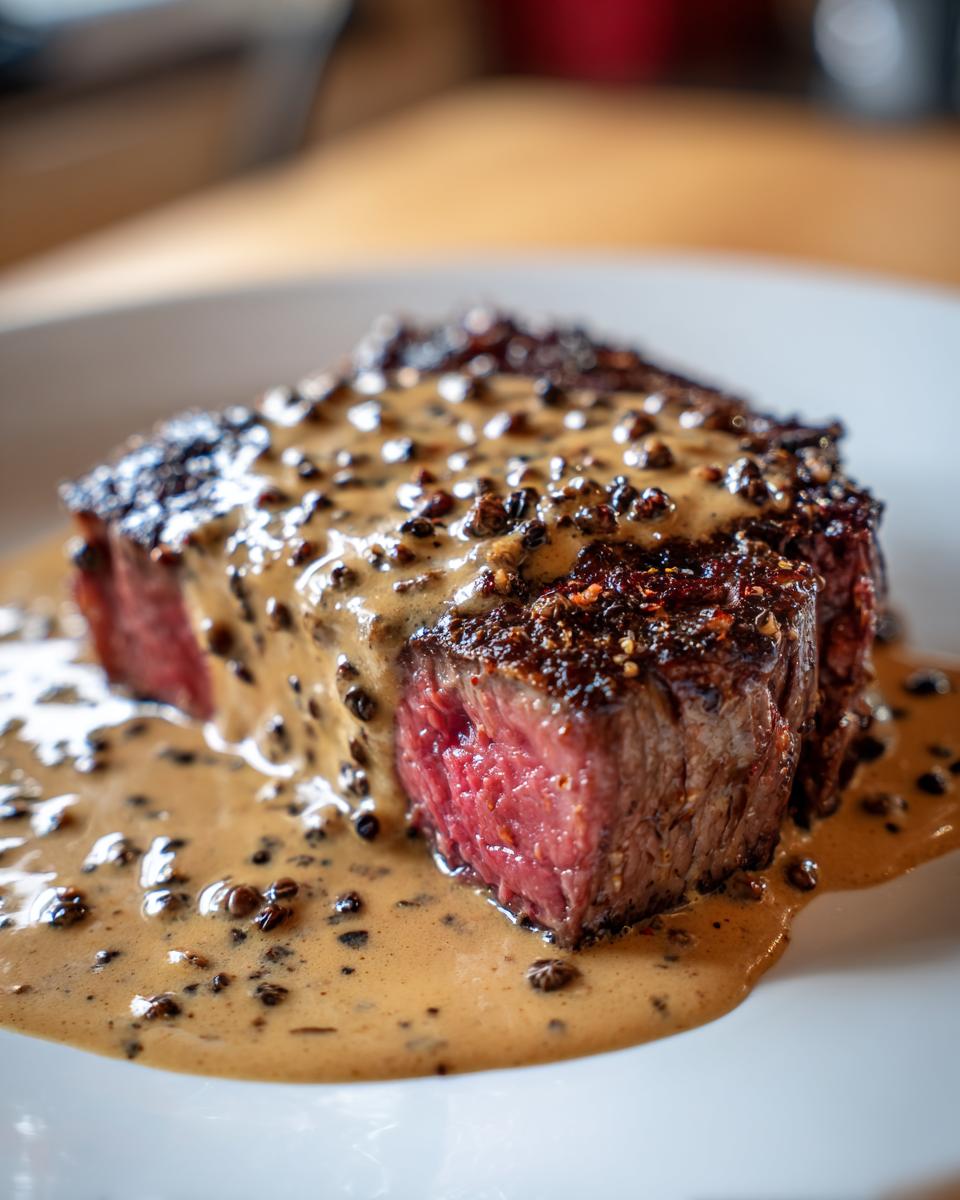 Nahaufnahme eines perfekt gegarten Steaks in cremiger Pfeffersauce, innen noch wunderbar rosa.