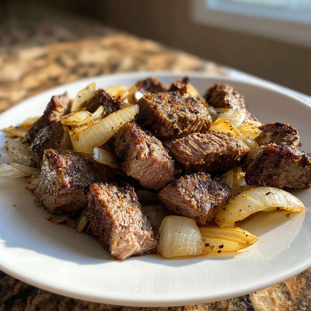 Nahaufnahme von saftigen Würfeln Steak-Gyros aus der Pfanne mit gebratenen Zwiebeln auf einem weißen Teller.