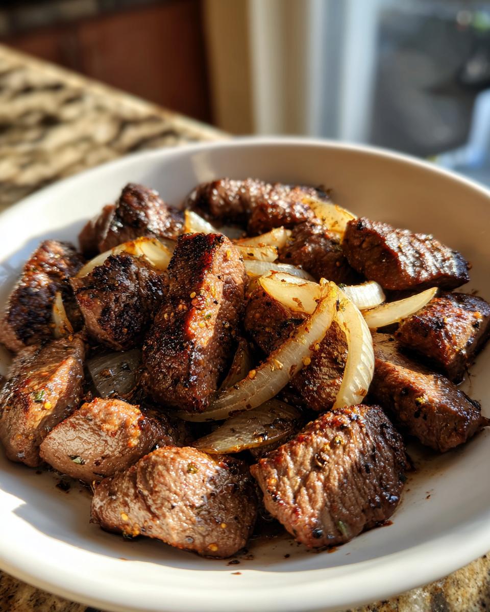 Nahaufnahme von saftigen Stücken Steak-Gyros aus der Pfanne mit karamellisierten Zwiebelringen in einer weißen Schale.