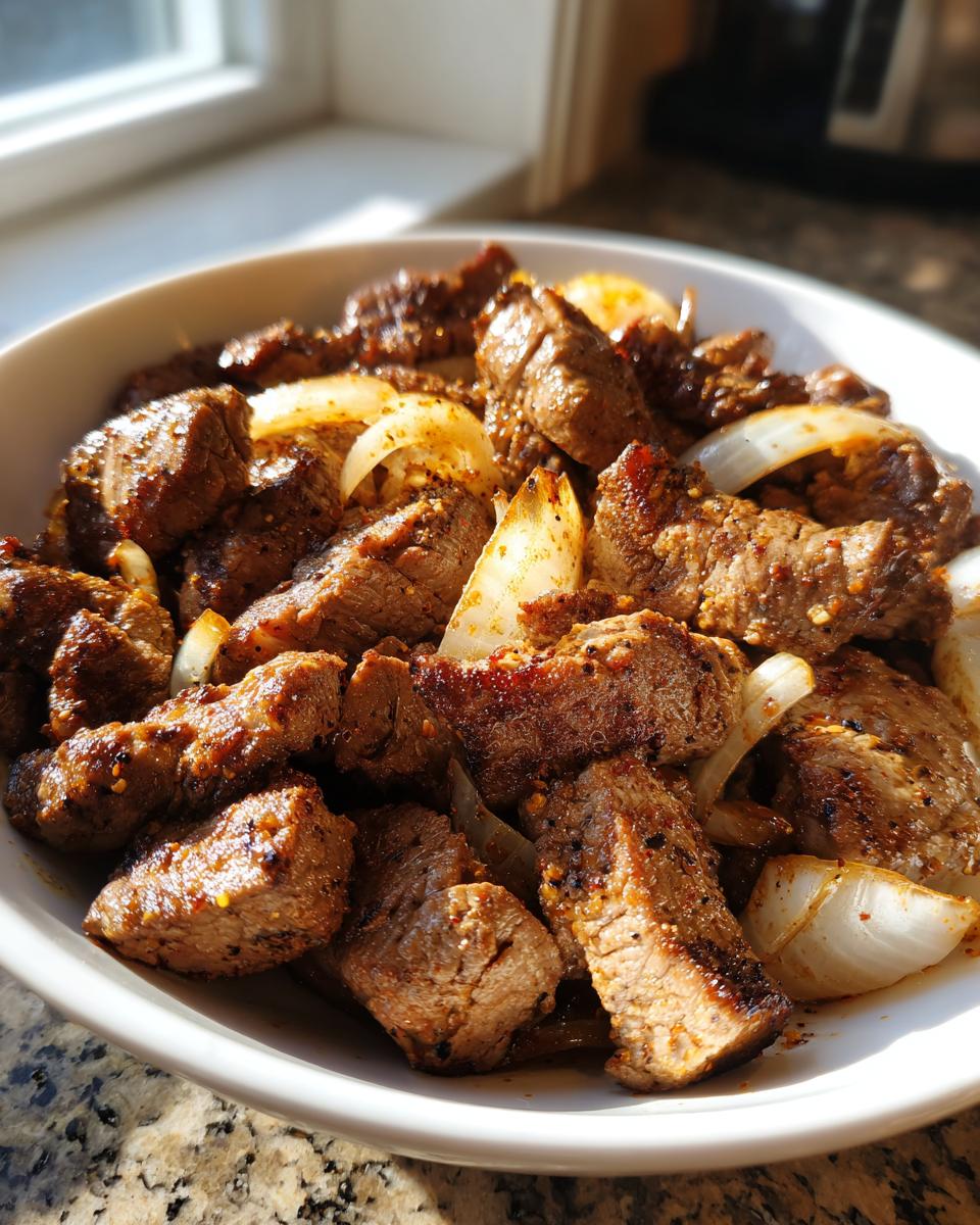 Nahaufnahme von saftigem Steak-Gyros aus der Pfanne mit karamellisierten Zwiebelstücken in einer weißen Schale.