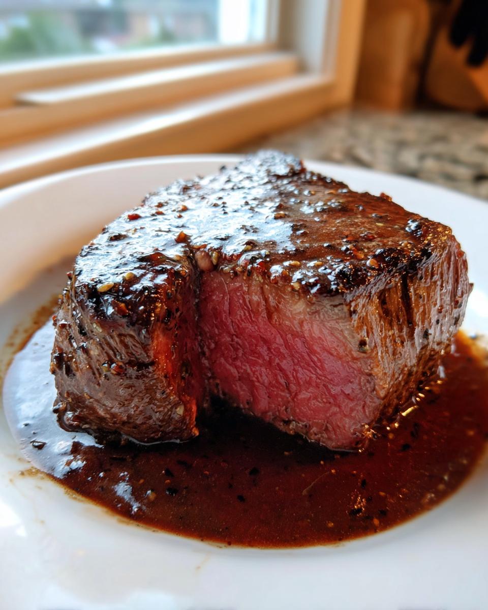 Ein saftiges Steak in Balsamico-Sahnesauce, innen rosa und außen kross, auf einem weißen Teller.