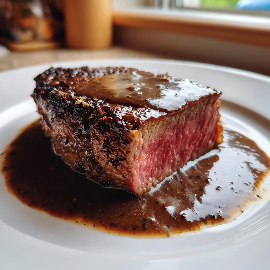 Ein saftiges Stück Steak in Balsamico-Sahnesauce, innen perfekt rosa gegart.
