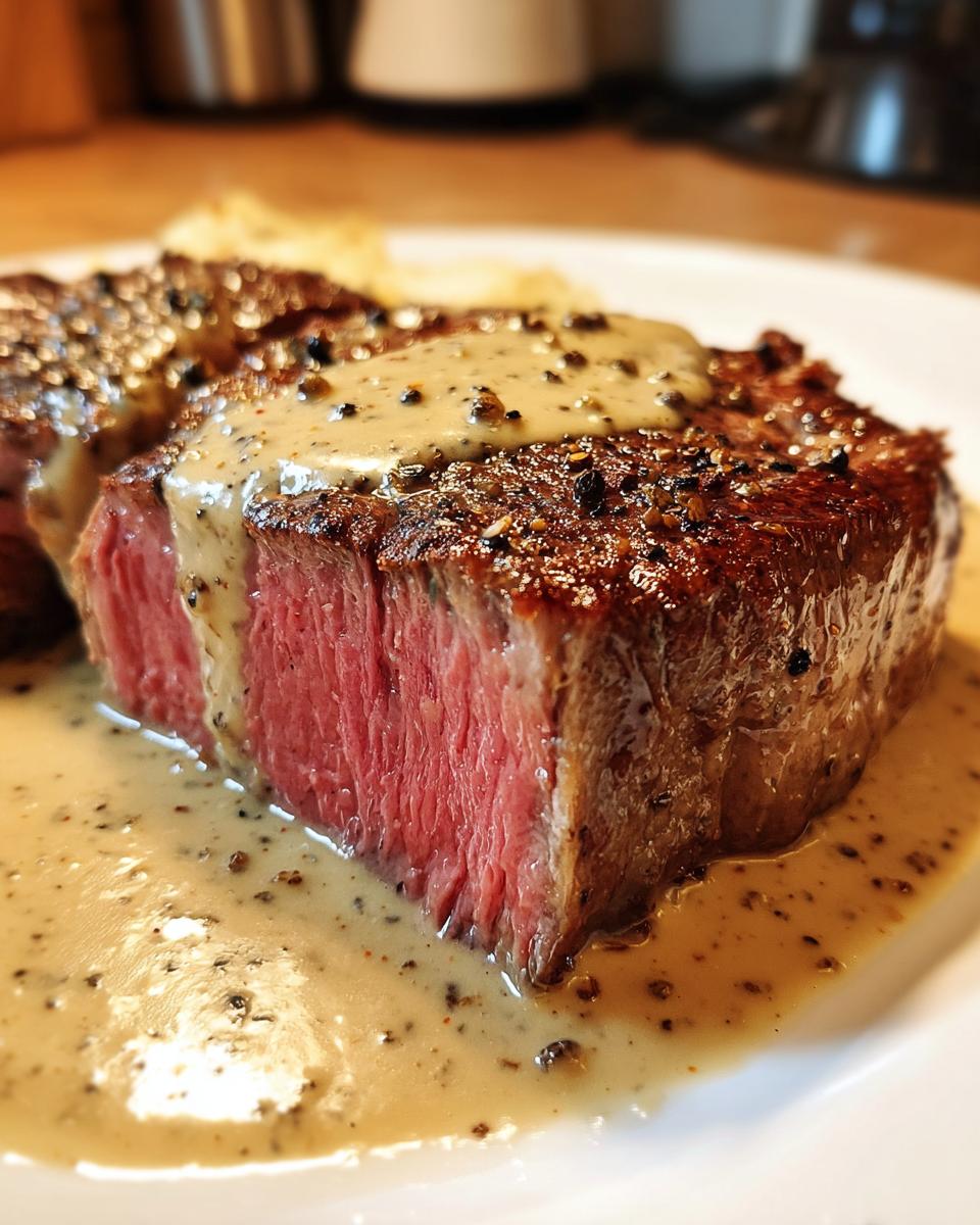 Nahaufnahme eines aufgeschnittenen Steaks in cremiger Pfeffersauce, innen rosa.