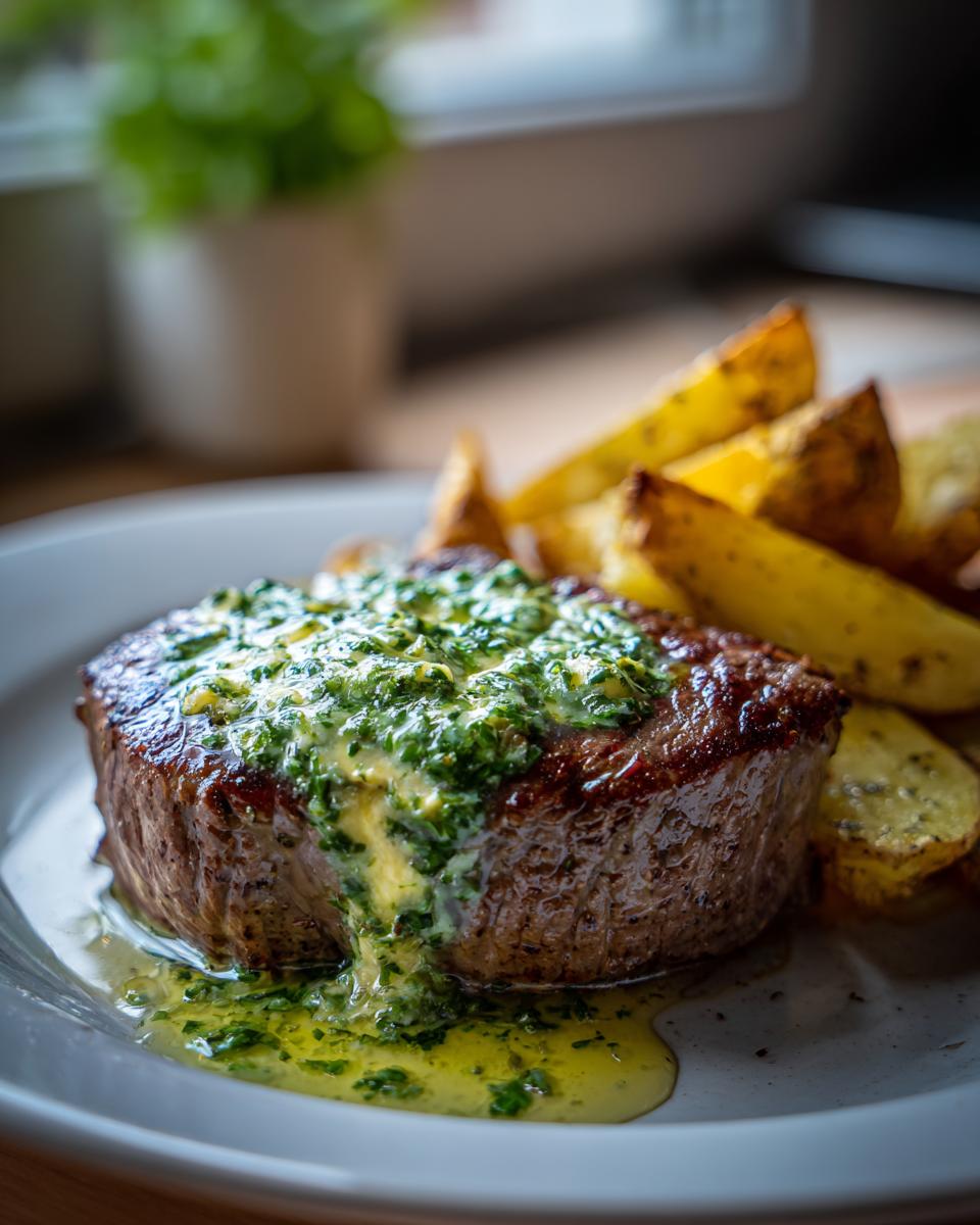 Saftiges Steak mit Kräuterbutter und knusprigen Ofenkartoffeln auf einem Teller.