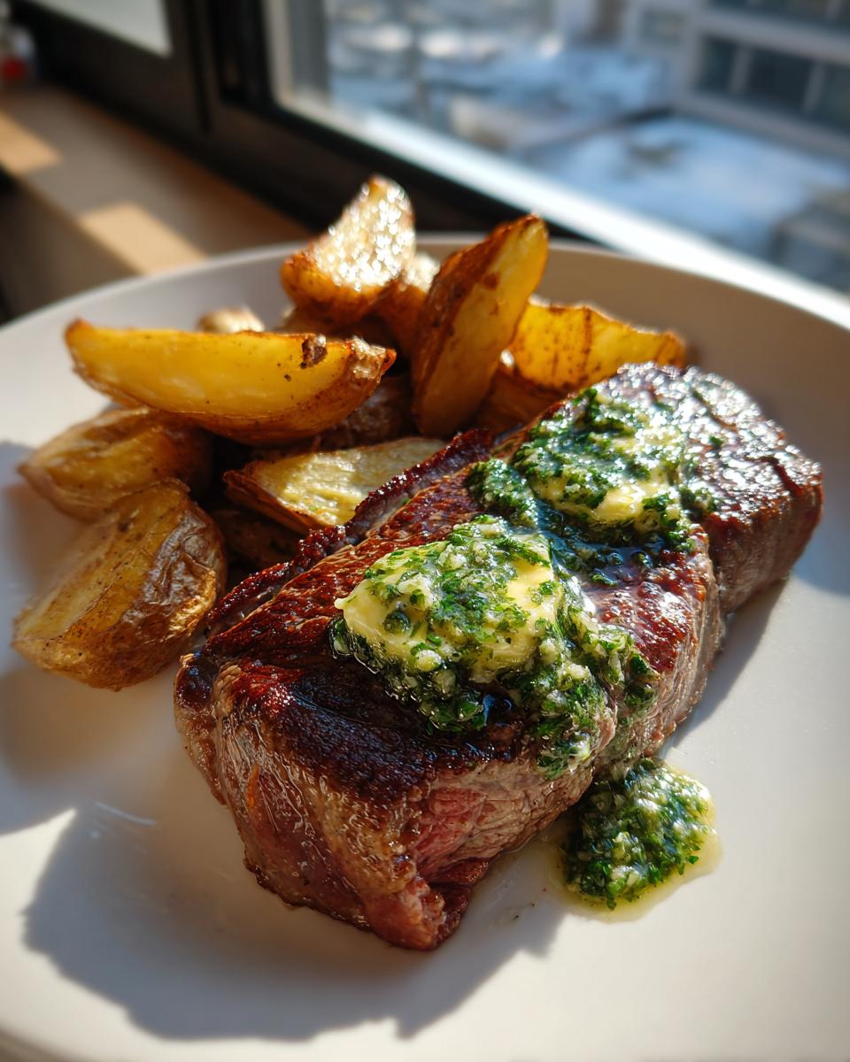 Saftiges Steak mit Kräuterbutter und knusprigen Ofenkartoffeln, das Hauptgericht für Steak mit Kräuterbutter und Ofenkartoffeln.