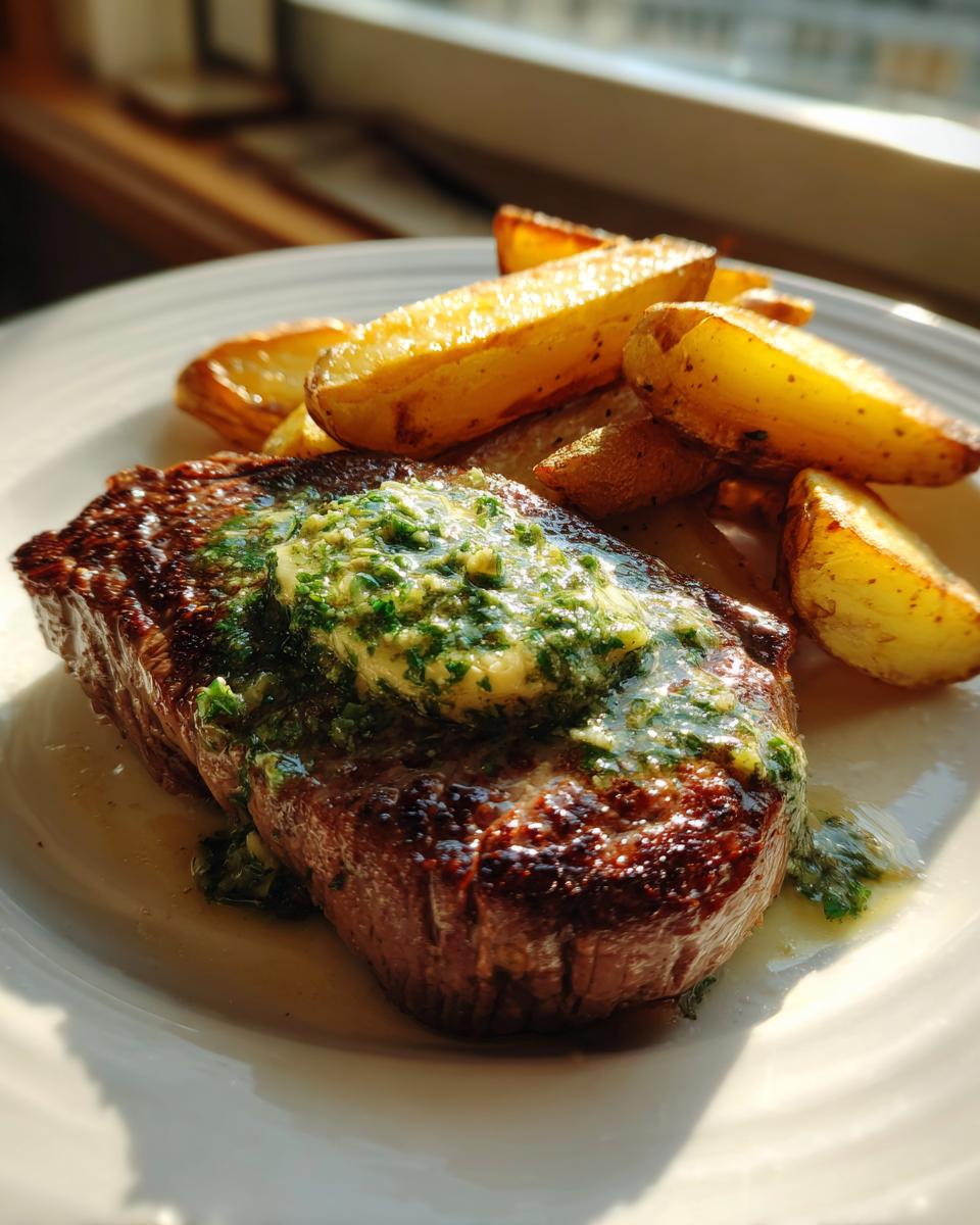 Ein saftiges Steak mit schmelzender Kräuterbutter und knusprigen Ofenkartoffeln.