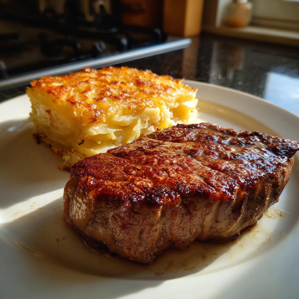 Ein saftiges Steak neben einem Stück Steak mit cremigem Kartoffelgratin auf einem weißen Teller.